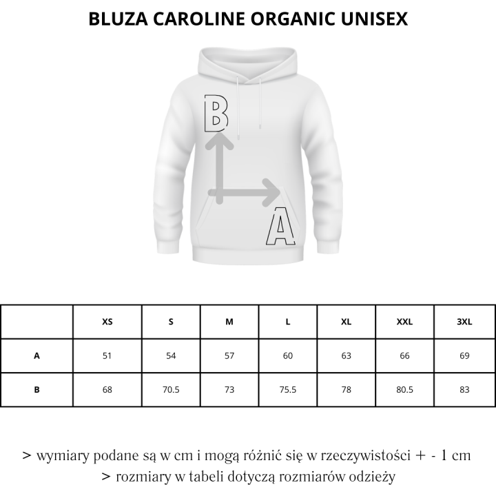 wymiary – biała - white – bluza – Caroline – unisex – organic – premium – kaptur - kołnierz – XS - 3XL