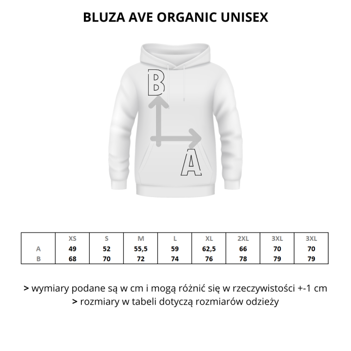 wymiary – biała - white – bluza – Ave – unisex – organic – premium – z – kapturem – XS - 3XL