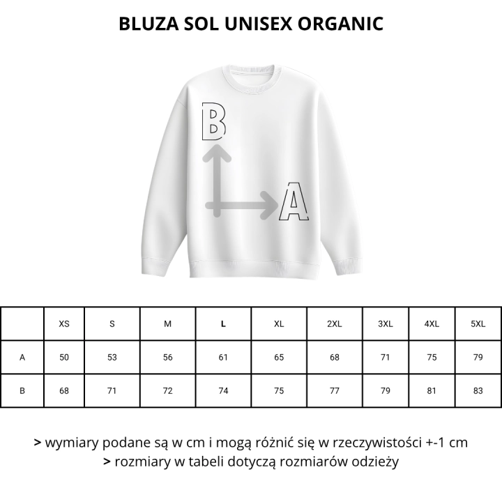 wymiary - kremowa - bluza - Sol - unisex - organic - premium - bez - kaptura - XS - 3XL
